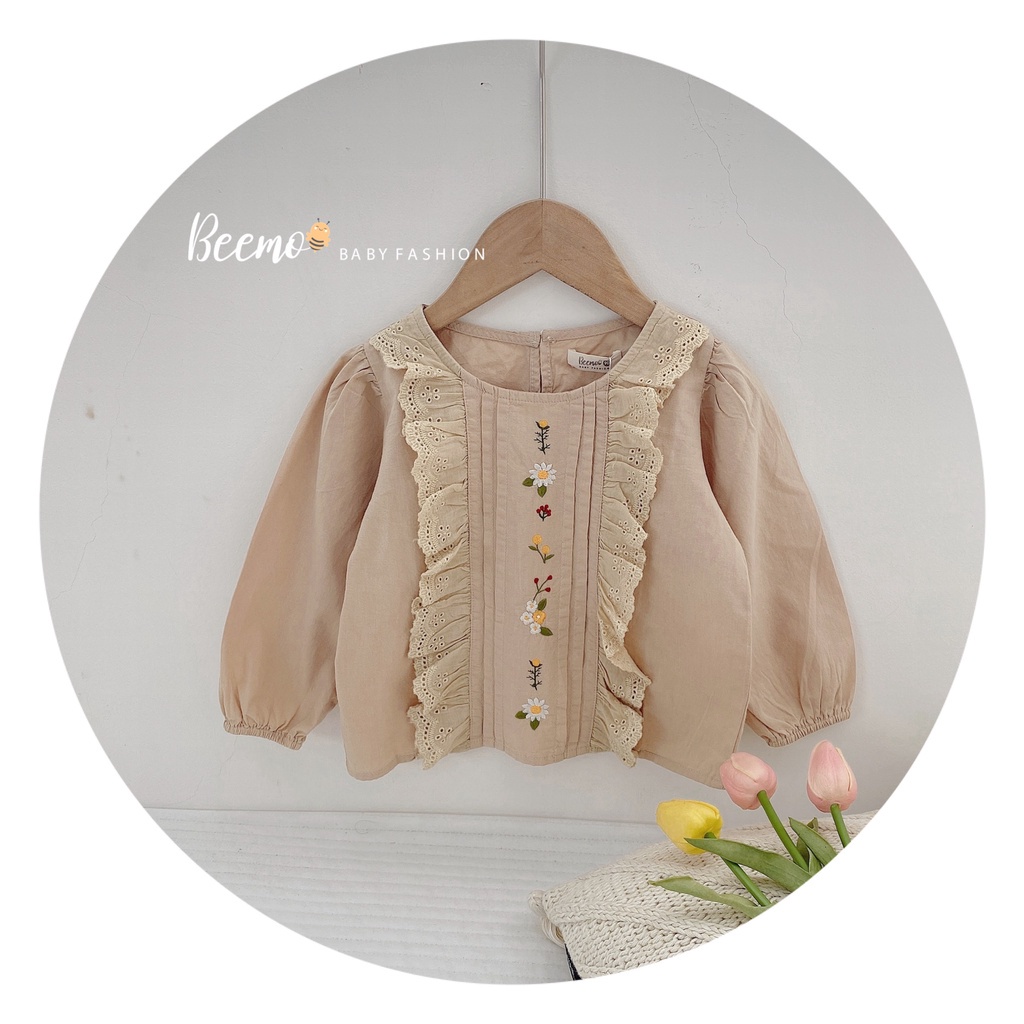 Áo sơ mi thêu hoa dài tay cách điệu cho bé gái, áo thô thêu hoa phong cách vintage cá tính HANG kids