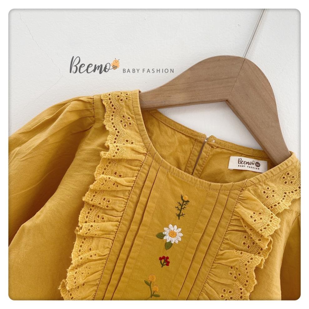 Áo sơ mi thêu hoa dài tay cách điệu cho bé gái, áo thô thêu hoa phong cách vintage cá tính HANG kids