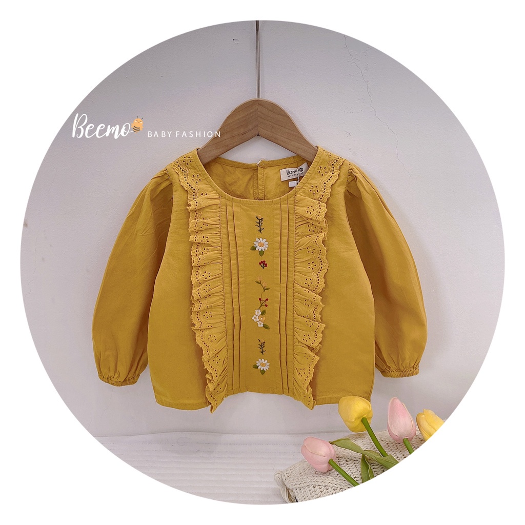 Áo sơ mi thêu hoa dài tay cách điệu cho bé gái, áo thô thêu hoa phong cách vintage cá tính HANG kids