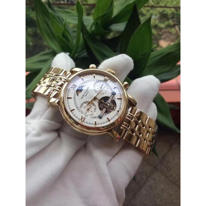 Đồng hồ Nam Pt 6kim trăng sao size 40-41 dây kim loại vàng gold