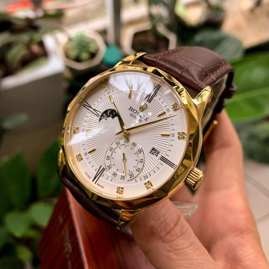 Đồng hồ cho Nam Rolex  6kim trăng sao size 40-41 vành trám cạnh vỏ vàng ta dây da