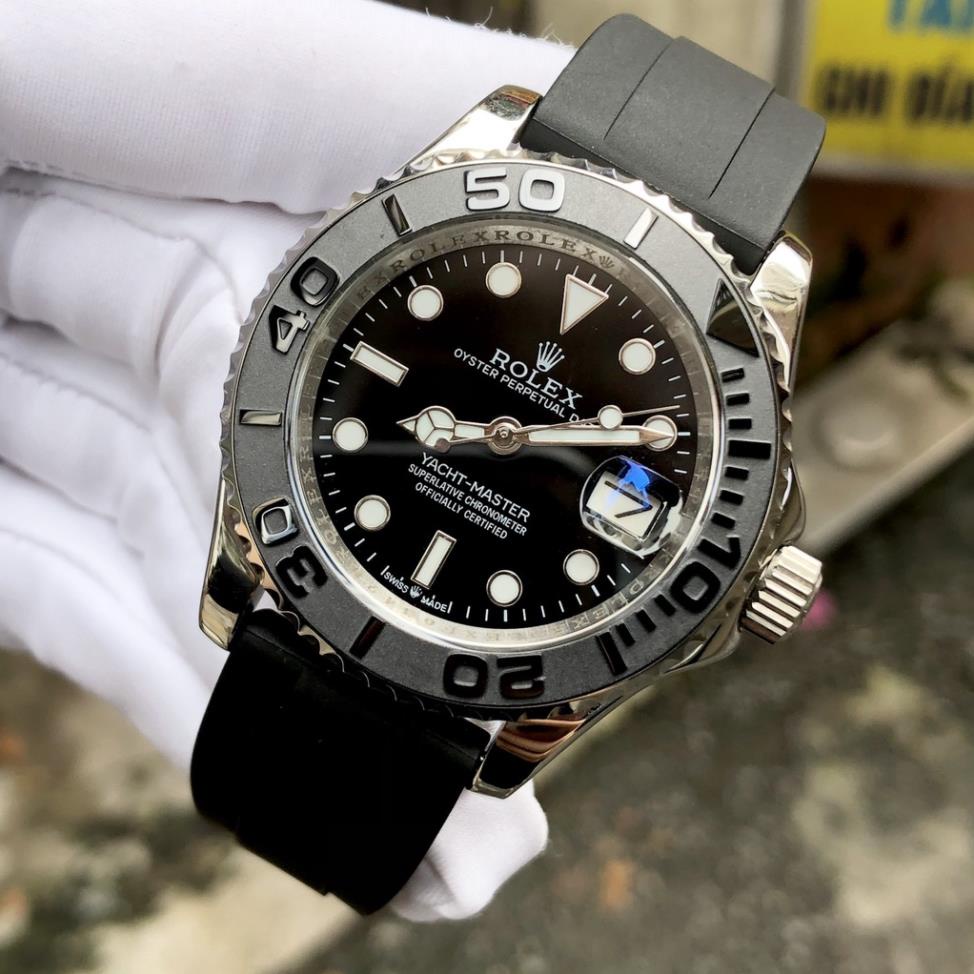 Đồng hồ Nam Rolex tọa đô dây cao su máy cơ automatic size 40mm mặt đen vỏ trắng