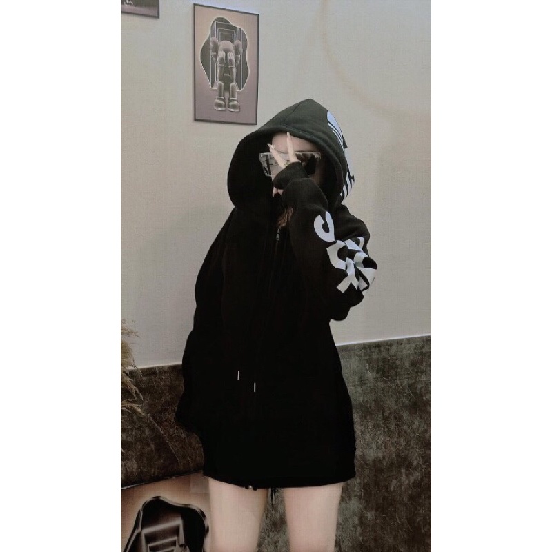 Áo Khoác Nỉ Mũ Unisex Tay Bồng In Chữ Tay Dáng Rộng Hàn Quốc