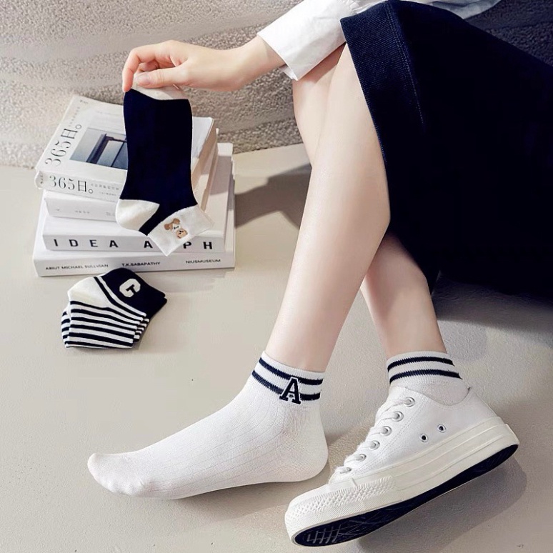 Set 10 Đôi Tất Nữ Tông Đen Trắng Họa Tiết Vớ Chữ AMG Dễ Thương Phong Cách Hàn tt30 HAISHOP