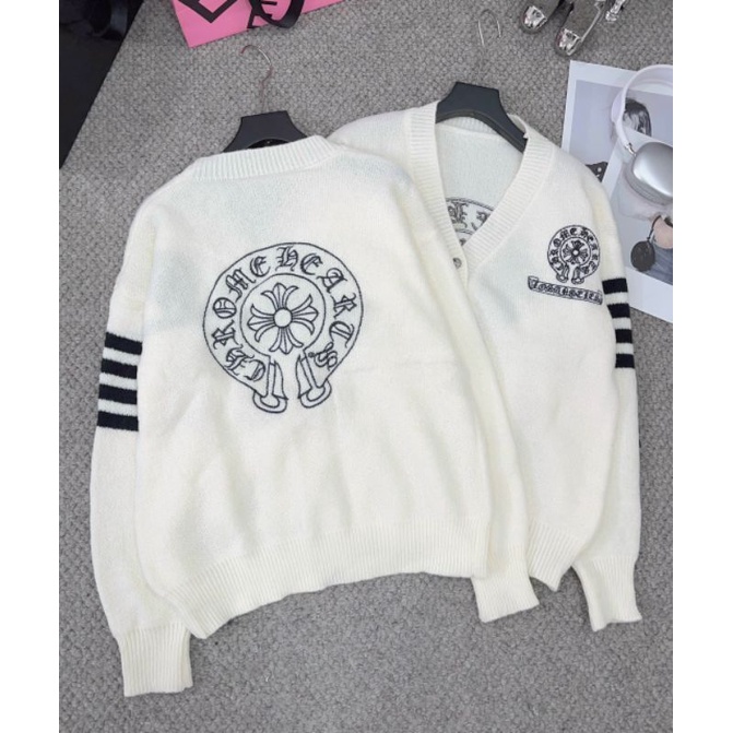 Áo cadigan len sọc tay logo hàng QC