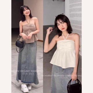 Áo quây cổ yếm peplum kèm mút ngực khoá sườn ao25