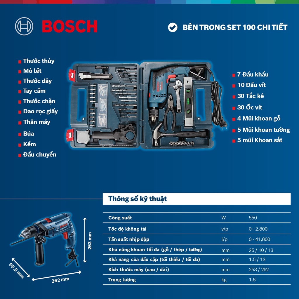 Bộ máy khoan động lực Bosch GSB 550 SET 100 chi tiết