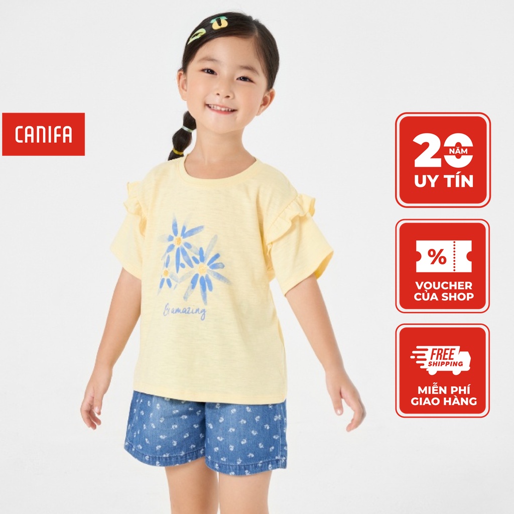 Áo phông bé gái CANIFA 1TS22S043 chất liệu cotton pha, tay có dúm bèo 1TS22S043