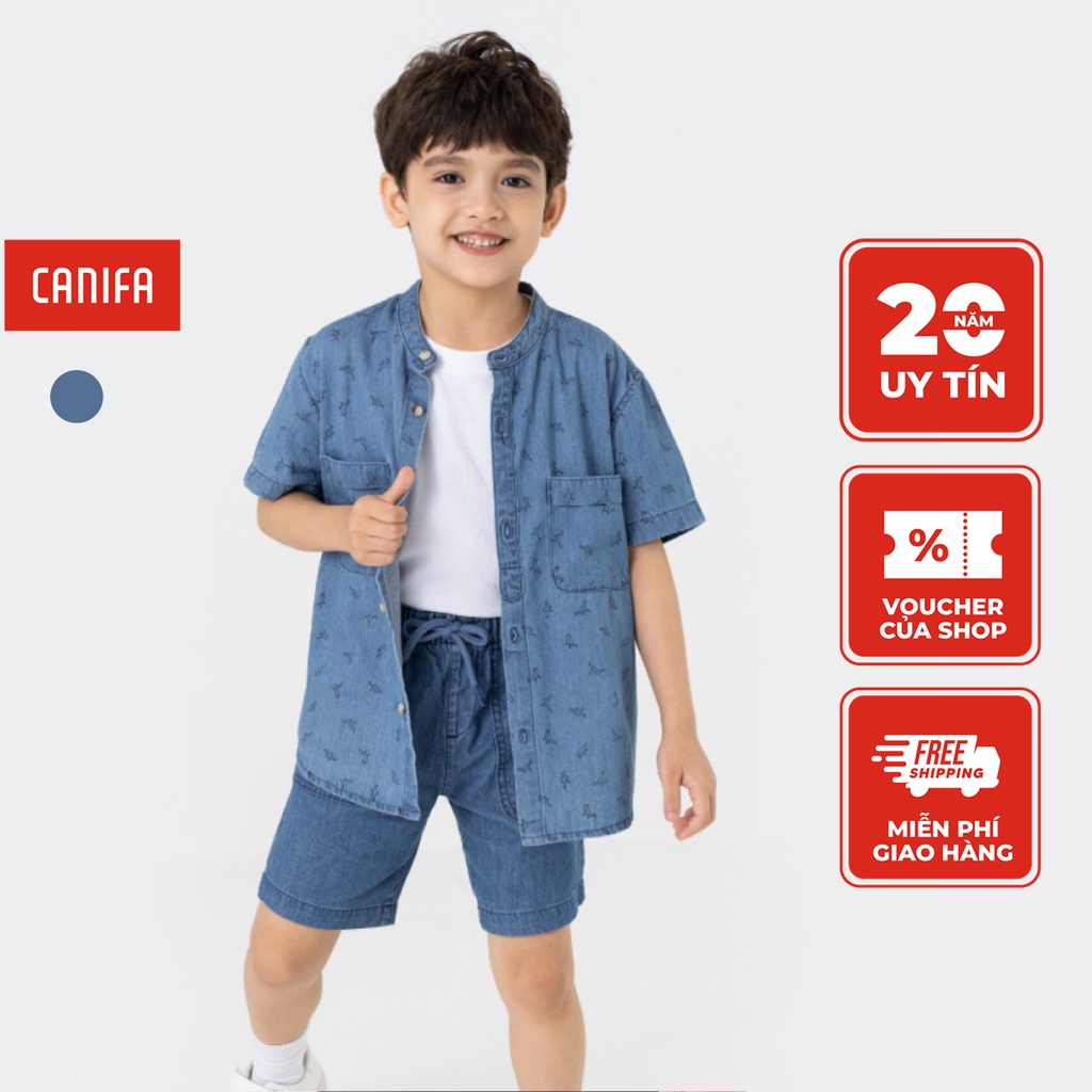 Áo sơ mi bé trai CANIFA chất liệu 100% cotton, cổ tàu tay cộc, 2 túi ốp ngực 2TH23S005