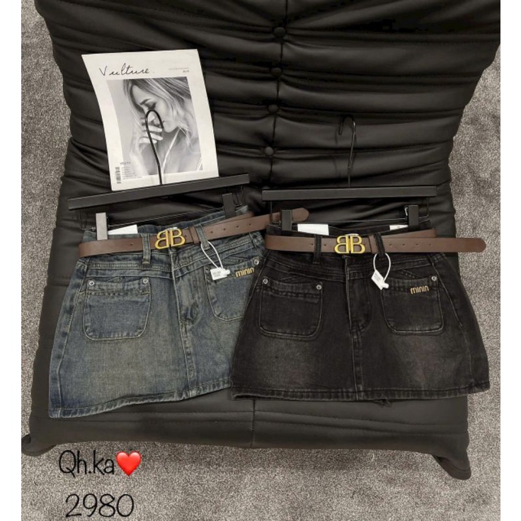 Quần váy jeans túi chữ m kèm đai hàng QC L1