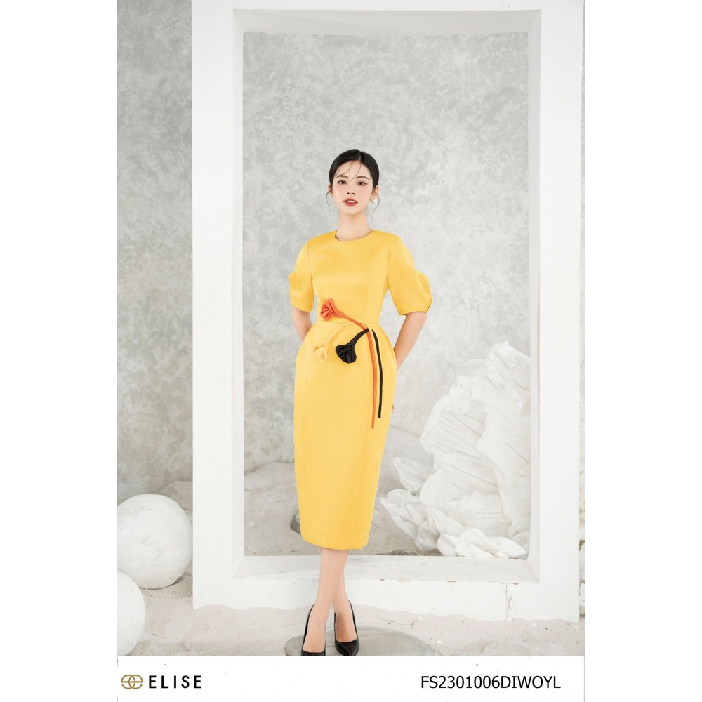 Đầm tafta vàng eo đính hoa tulip thiết kế Elise FS2301006DIWOYL