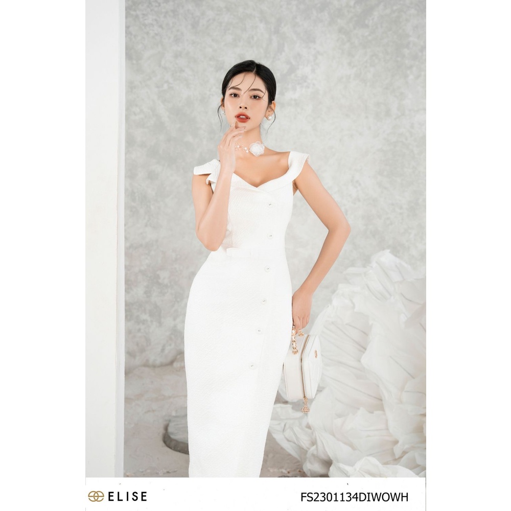 Đầm gấm trắng kim tuyến lệch vai thiết kế Elise FS2301134DIWOWH