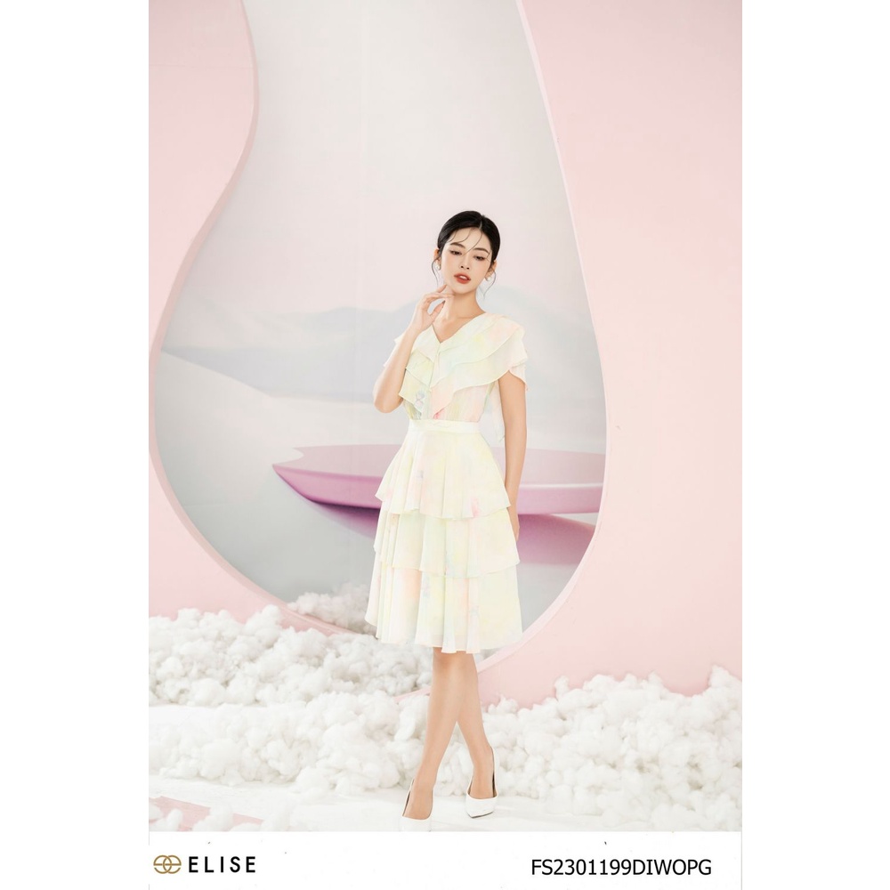 Đầm chiffon hoa loang xếp bèo thiết kế Elise FS2301199DIWOPG