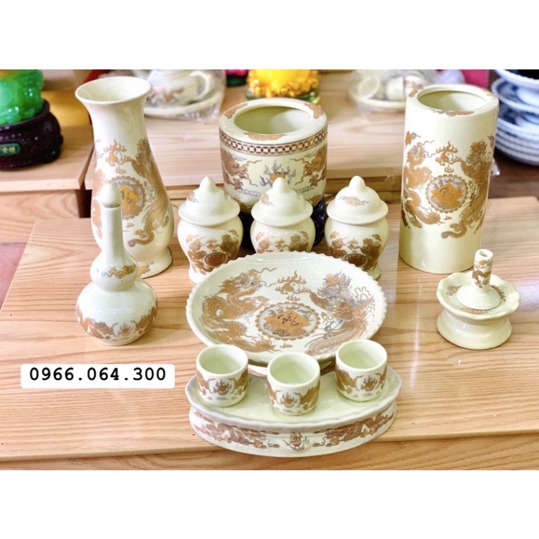 Bộ Đồ Thờ Ban Thần Tài Màu Vàng Ngà, Đồ Thờ Thần Tài, Gia Tiên gốm sứ màu vàng