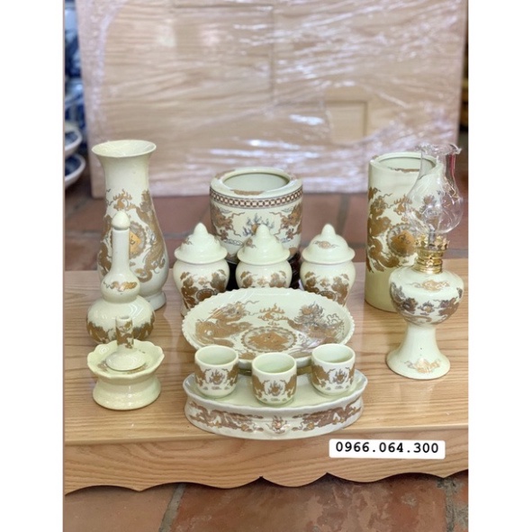 Bộ Đồ Thờ Ban Thần Tài Màu Vàng Ngà, Đồ Thờ Thần Tài, Gia Tiên gốm sứ màu vàng