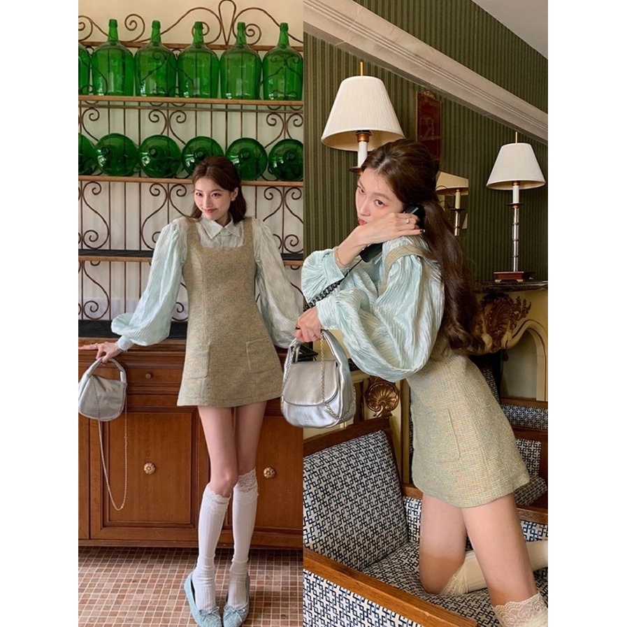 Set Áo Sơ Mi Tay Phồng + Đầm Yếm Phong Cách Châu Âu Thời Trang Cho Nữ