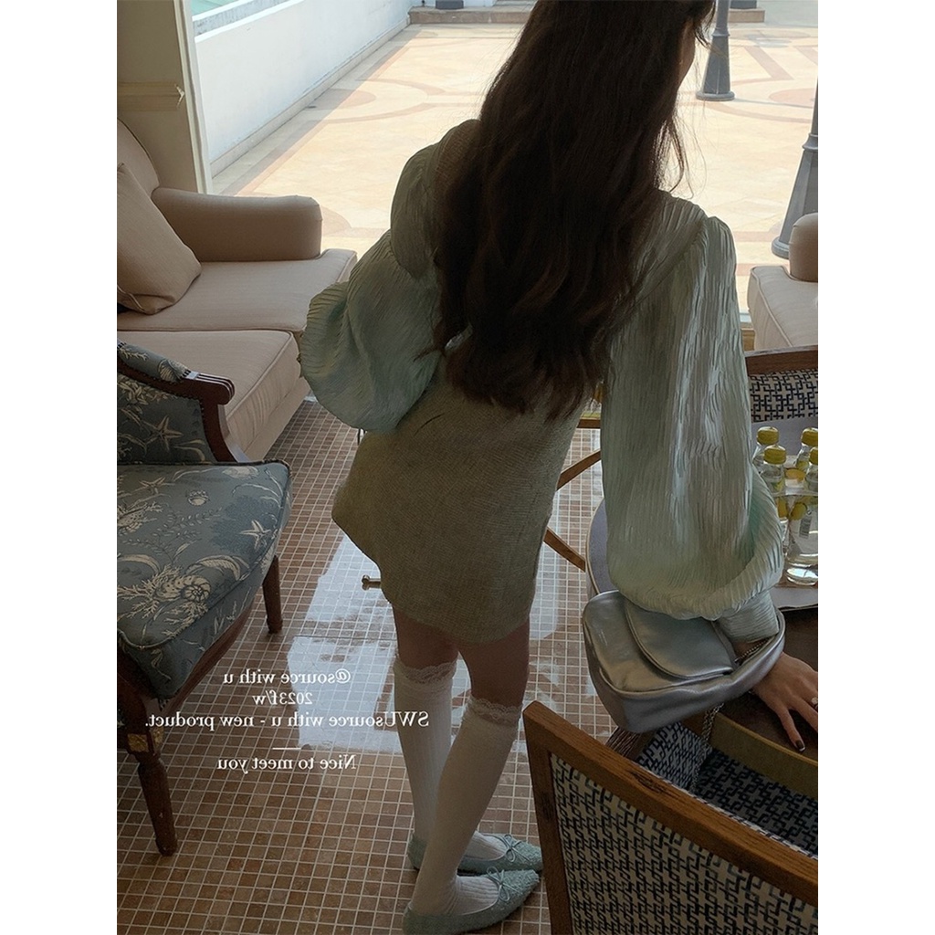 Set Áo Sơ Mi Tay Phồng + Đầm Yếm Phong Cách Châu Âu Thời Trang Cho Nữ