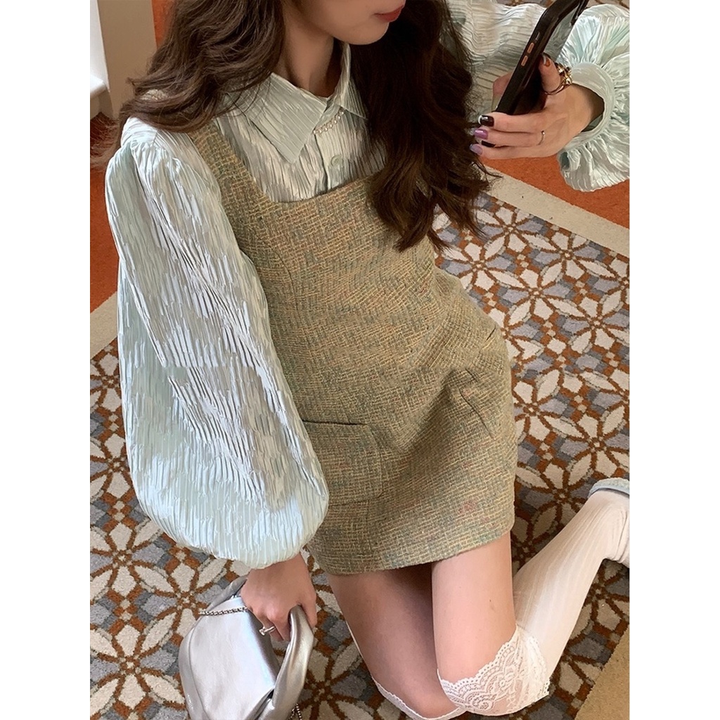 Set Áo Sơ Mi Tay Phồng + Đầm Yếm Phong Cách Châu Âu Thời Trang Cho Nữ