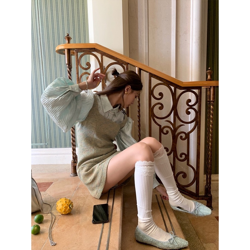 Set Áo Sơ Mi Tay Phồng + Đầm Yếm Phong Cách Châu Âu Thời Trang Cho Nữ