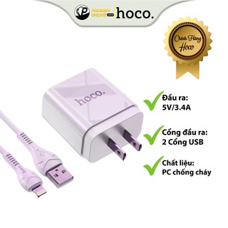 Bộ Sạc Hoco HK6 Brilliant, Chân IP, Sạc Nhanh 2 Cổng / Bộ Cốc Cáp Sạc 3.4A, Chíp IC Thông Minh, Nhựa ABS Chống Cháy.