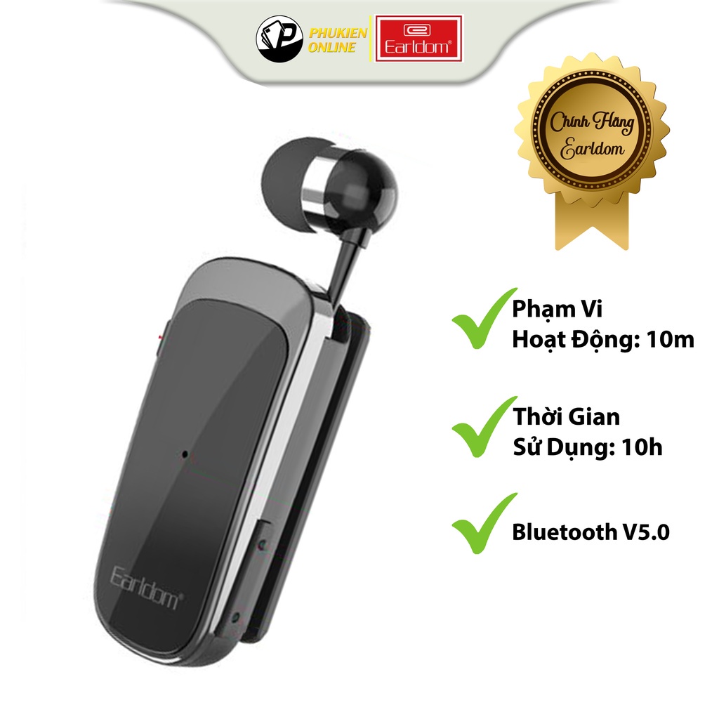 Tai nghe Bluetooth cài áo Earldom BH104 - Dung lượng pin lên tới 70mAh - Khoảng cách kết nối 10m - Bluetooth V5.0
