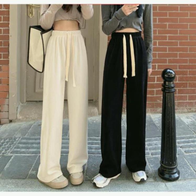 Quần ống rộng nhung tăm nữ ống suông dáng dàicó dây rút cạp chun basic phong cách unisex Hàn Quốc QU7
