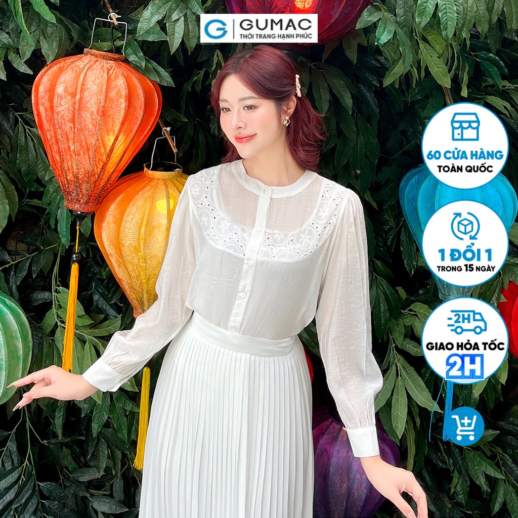 Áo sơ mi nữ tay phồng GUMAC AD09052 cổ tròn phối vải thêu hoa