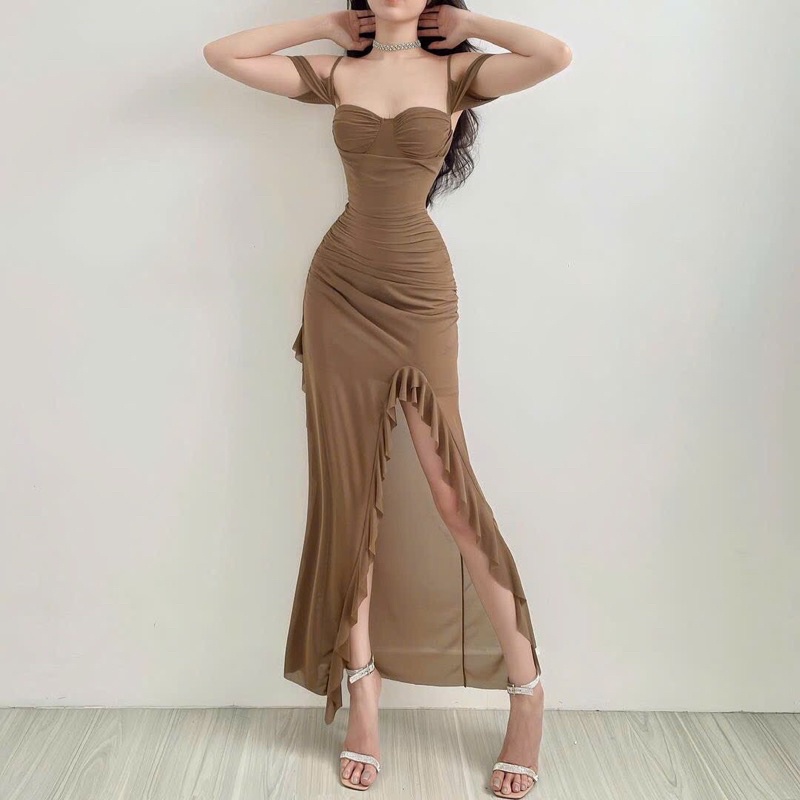 GenZ_Đầm Lưới Maxi Bèo Tua Rua Tay Bệt Thiêt Kế Cao Cấp