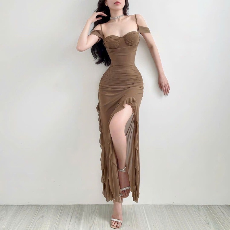 GenZ_Đầm Lưới Maxi Bèo Tua Rua Tay Bệt Thiêt Kế Cao Cấp