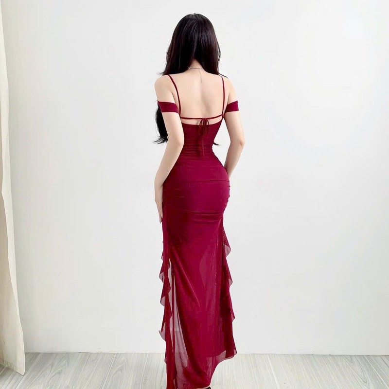 GenZ_Đầm Lưới Maxi Bèo Tua Rua Tay Bệt Thiêt Kế Cao Cấp