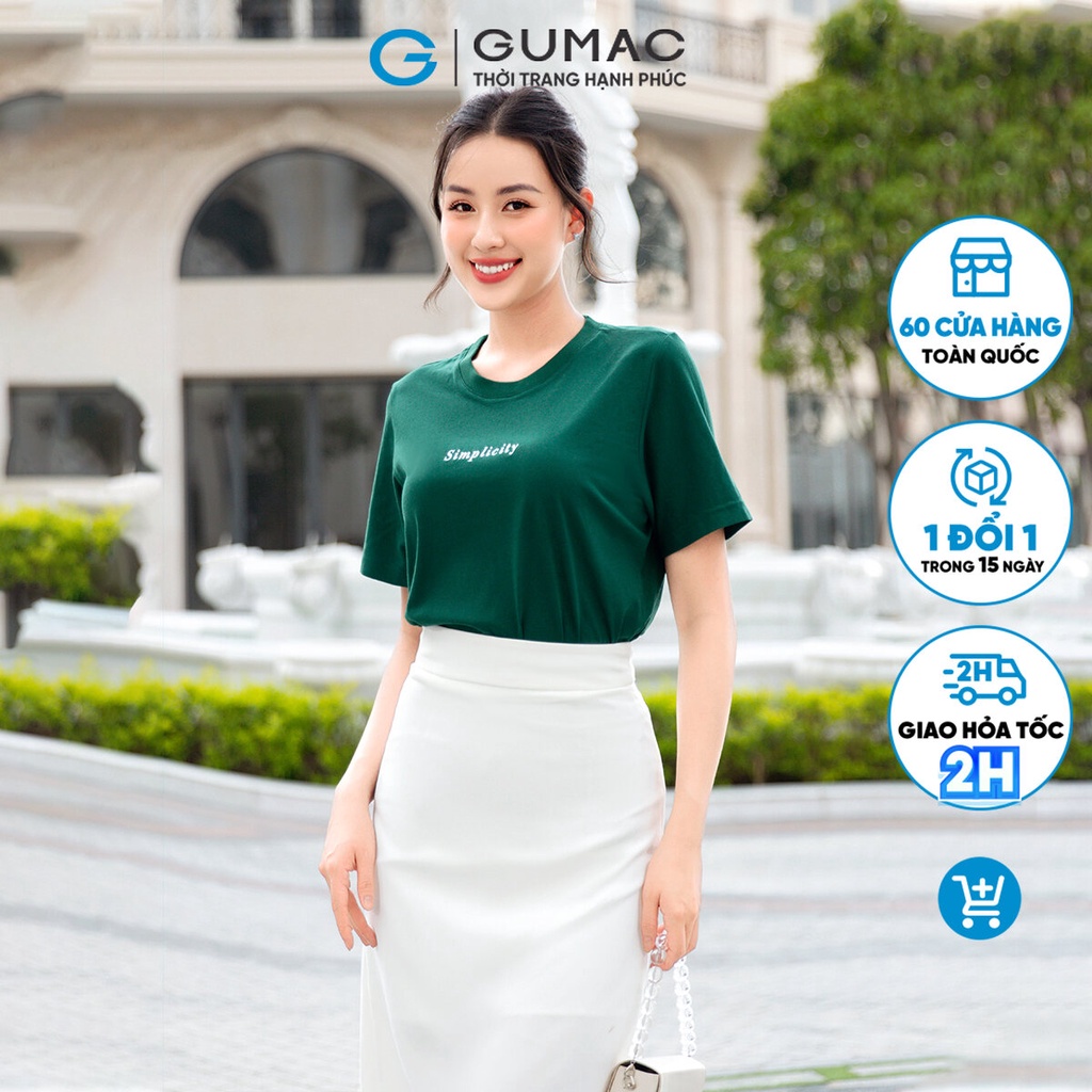 Áo thun nữ cổ tròn GUMAC ATD09032 tay ngắn có thêu chữ thanh lịch, tinh tế