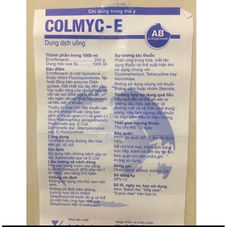 COLMYC E/ENROFLOXACIN 20% CHAI 1 LÍT