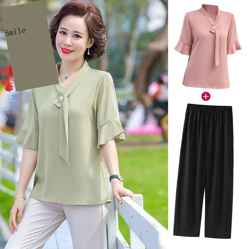 Set Áo Sơ Mi chiffon + Quần Dài Thời Trang Mùa Hè Cho Phụ Nữ Trung Niên 40 Tuổi