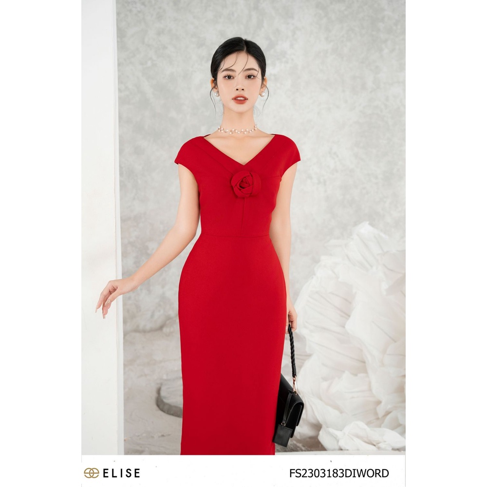 Đầm đỏ đậm cổ V đính hoa thiết kế Elise FS2303183DIWORD