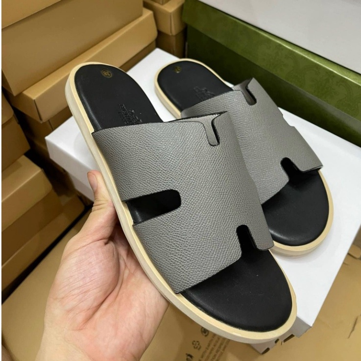 Dép lê nam HM quai ngang da PU trơn sần hình chữ H đế phíp gỗ 3 lớp hàng cao cấp