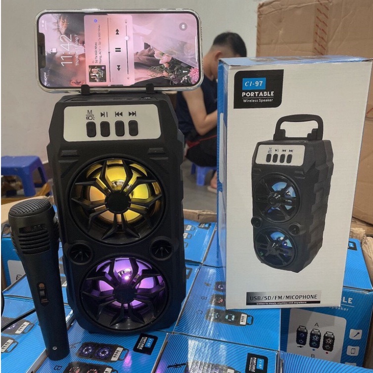 Loa karaoke bluetooth CL97 phiên nâng cấp mới 2023,loa không dây tặng kèm mic hát âm thanh bass hay cùng đèn led độc đáo