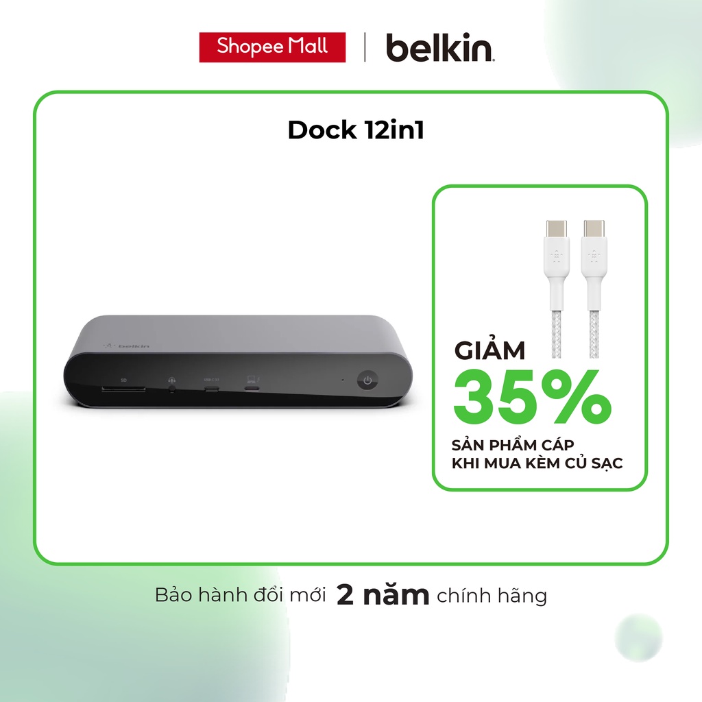 Dock Pro Thunderbolt 4 12 cổng trong 1 Belkin, kèm cáp Thunderbolt 4 dài 0.8m, sạc 90W PD