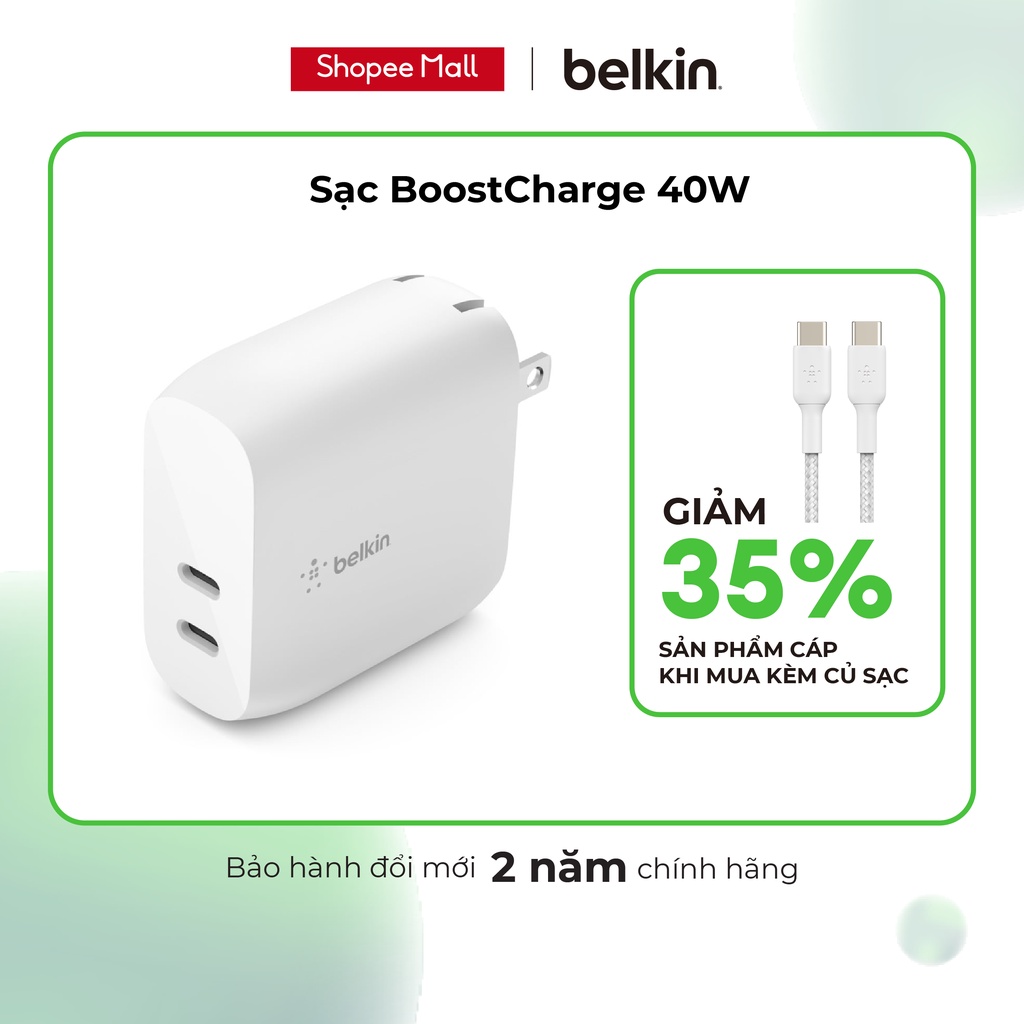 [NHẬP ELMG70K giảm tối đa 70K] Adapter sạc nhanh BOOSTCHARGE Bekin 40W - 2 cổng USB-C PD 20W (tương thích iPhone 15)