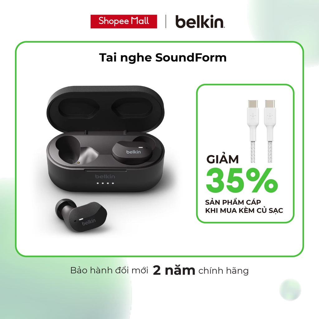 Tai nghe True Wireless SOUNDFORM™ Belkin Đen - Hàng Chính hãng - Bảo Hành 2 năm đổi mới - AUC001bt