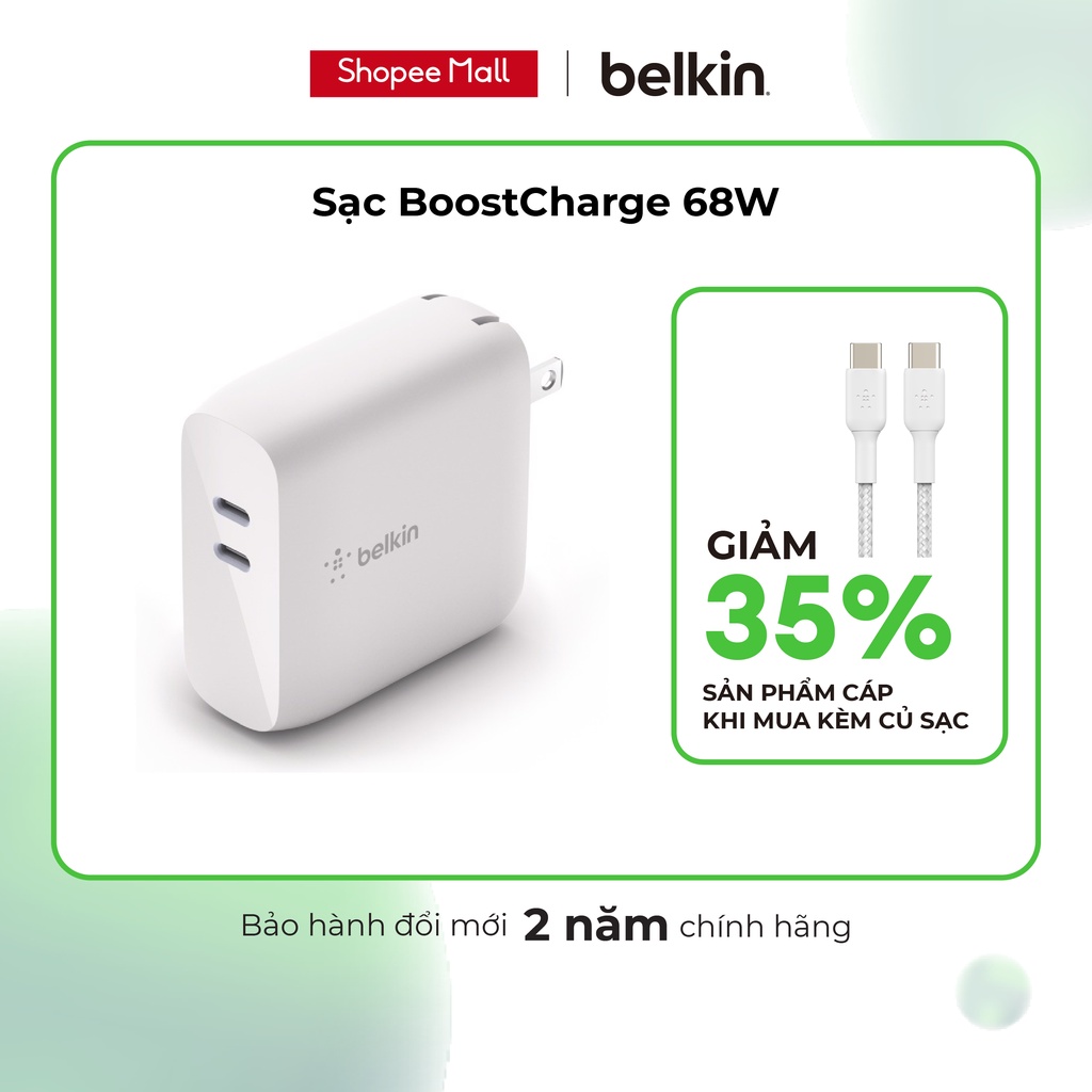 Sạc nhanh BOOST CHARGE PRO Belkin 68W USB-C PD GaN (1 PD 50W + 1 PD 18W)
