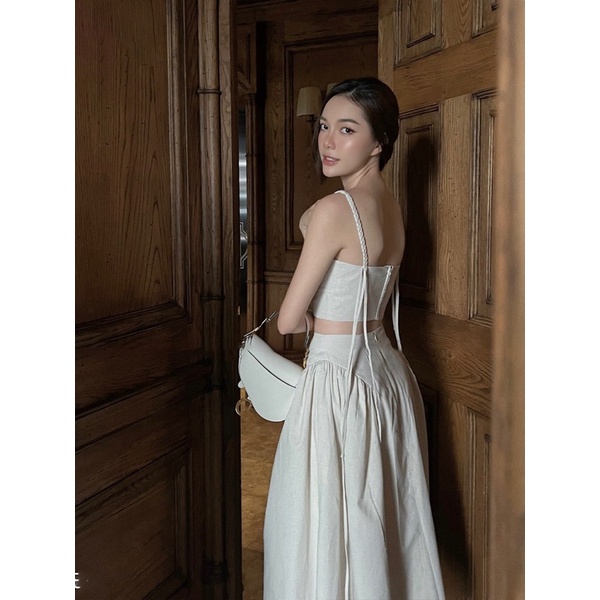 Set váy 2 dây linen đi du lịch phong cách vintage, set áo croptop và  chân váy dài _L355i