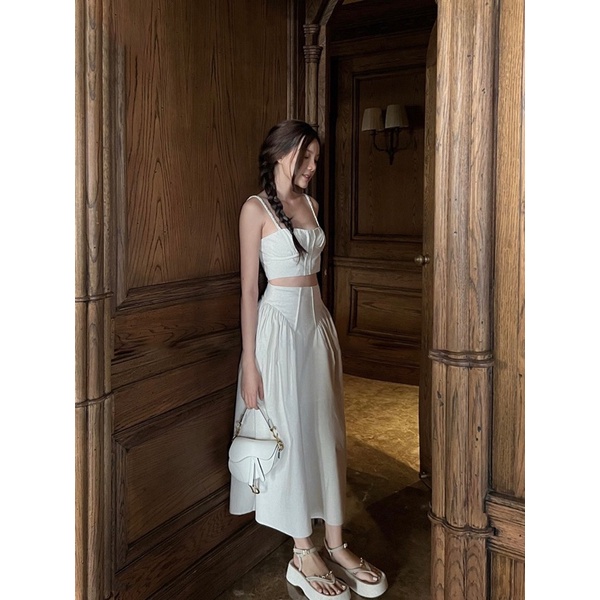 Set váy 2 dây linen đi du lịch phong cách vintage, set áo croptop và  chân váy dài _L355i