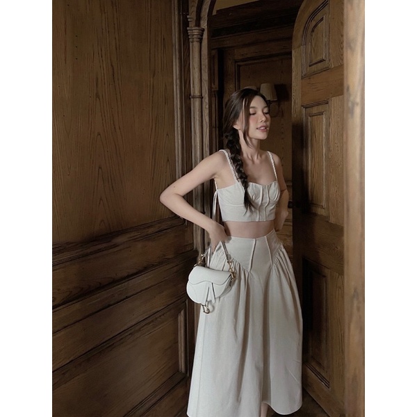Set váy 2 dây linen đi du lịch phong cách vintage, set áo croptop và  chân váy dài _L355i