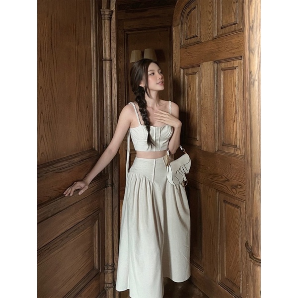Set váy 2 dây linen đi du lịch phong cách vintage, set áo croptop và  chân váy dài _L355i