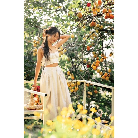 Set váy 2 dây linen đi du lịch phong cách vintage, set áo croptop và  chân váy dài _L355i
