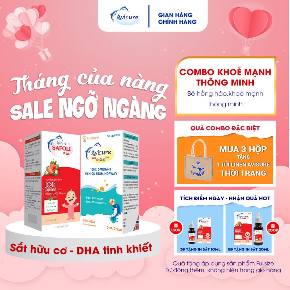 Combo Sắt hữu cơ và DHA tinh khiết cho bé Avisure giúp bé hồng hào, khoẻ mạnh, thông minh - Chính Hã
