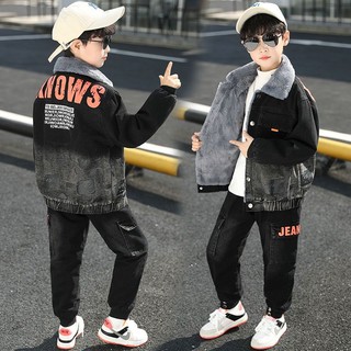 Set đồ denim lót nhung dày dặn thời trang mùa đông mới 2023 cho bé trai
