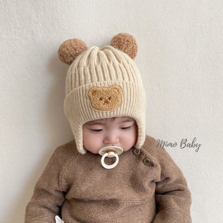 Mũ nón len bịt tai Gâu Mimo🍀FREESHIP🍀Nón dệt kim mùa đông cho bé đính hình gấu tai bông
