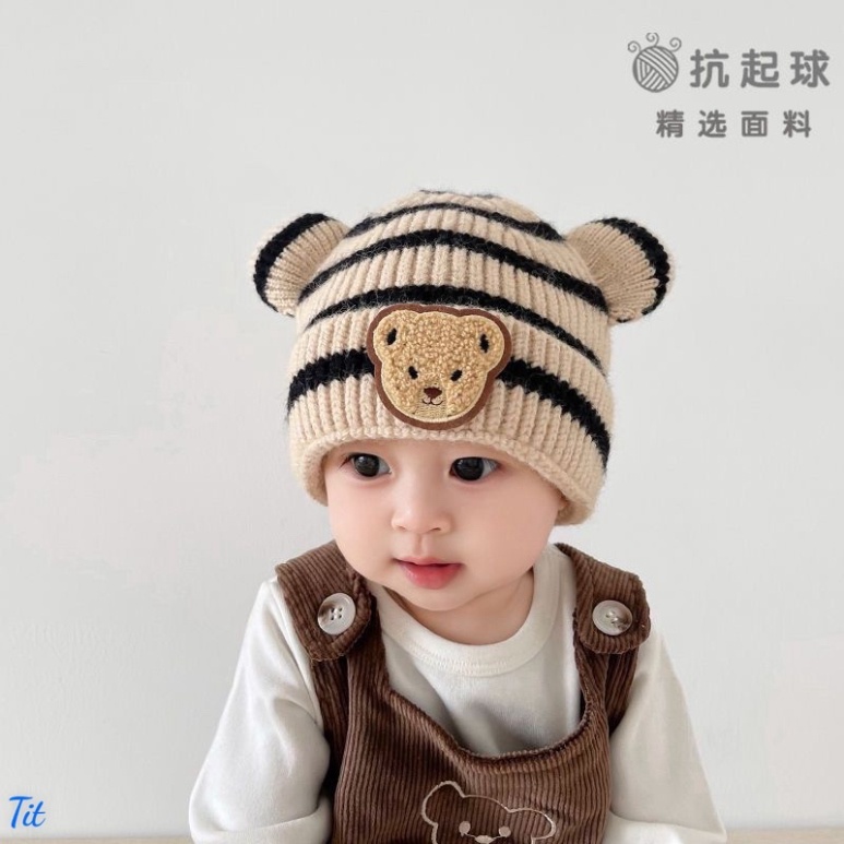 Mũ Len Bé Gấu Sọc Ngang🍀FREESHIP🍀Nón len  phong cách Hàn Quốc cho bé từ 3-12 Tháng