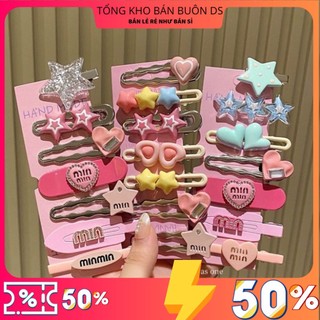 Set 7 kẹp tóc hồng min min, set kẹp tóc mái hông dopamine phong cách ngọt ngào